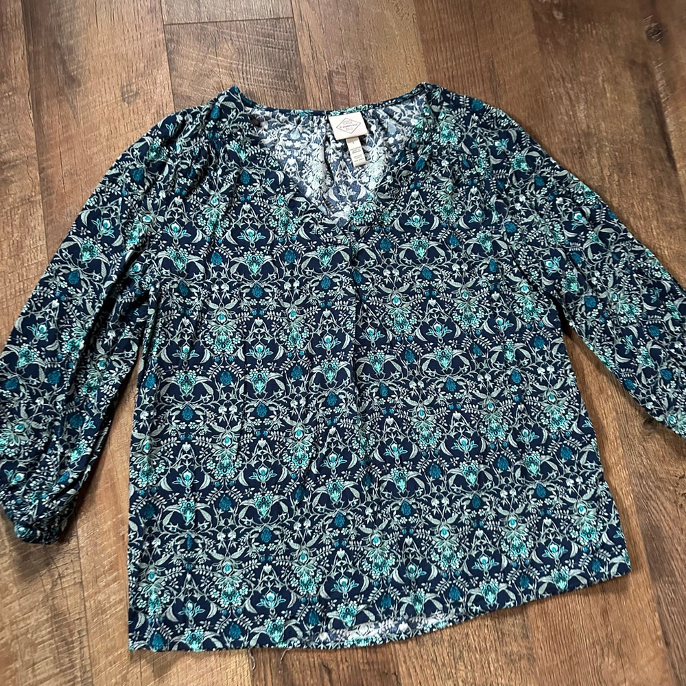 Women's St. John's Bay Blouse L Navy Teal Floral 3/4 Sleeve